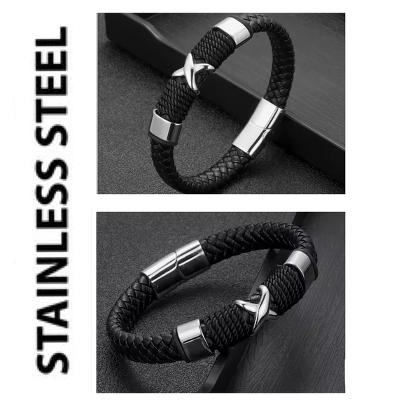 🐘🐘 Stainless Steel Black Leather Braided Bracelet - Picture 1 of 4